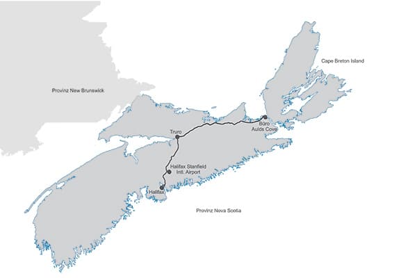 Highwaykarte vom Flughafen Halifax zum Büro von Canadian Pioneer Estates Ltd. 