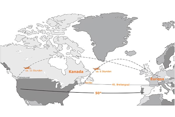 Übersichtskarte der Flugzeiten von Deutschland nach Ostkanada und Westkanada