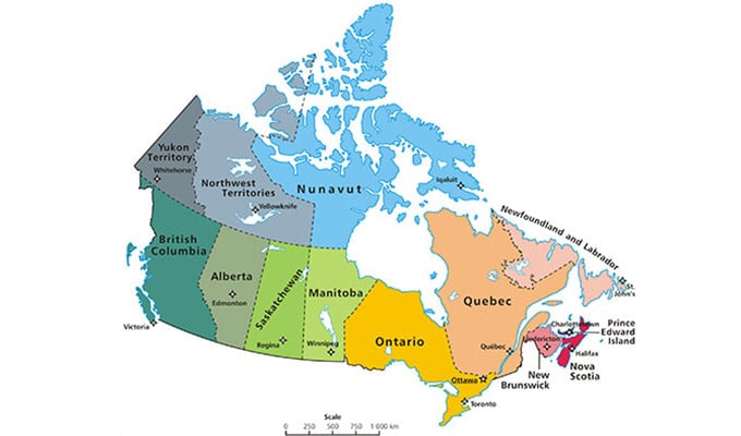 Kanada Karte Provinzen und Territorien bunt dargestellt