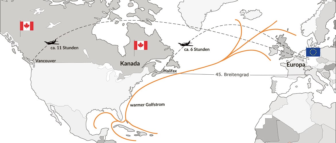 Karte Europa, Kanada, USA und Karibik mit Flugzeit von Europa nach Kanada